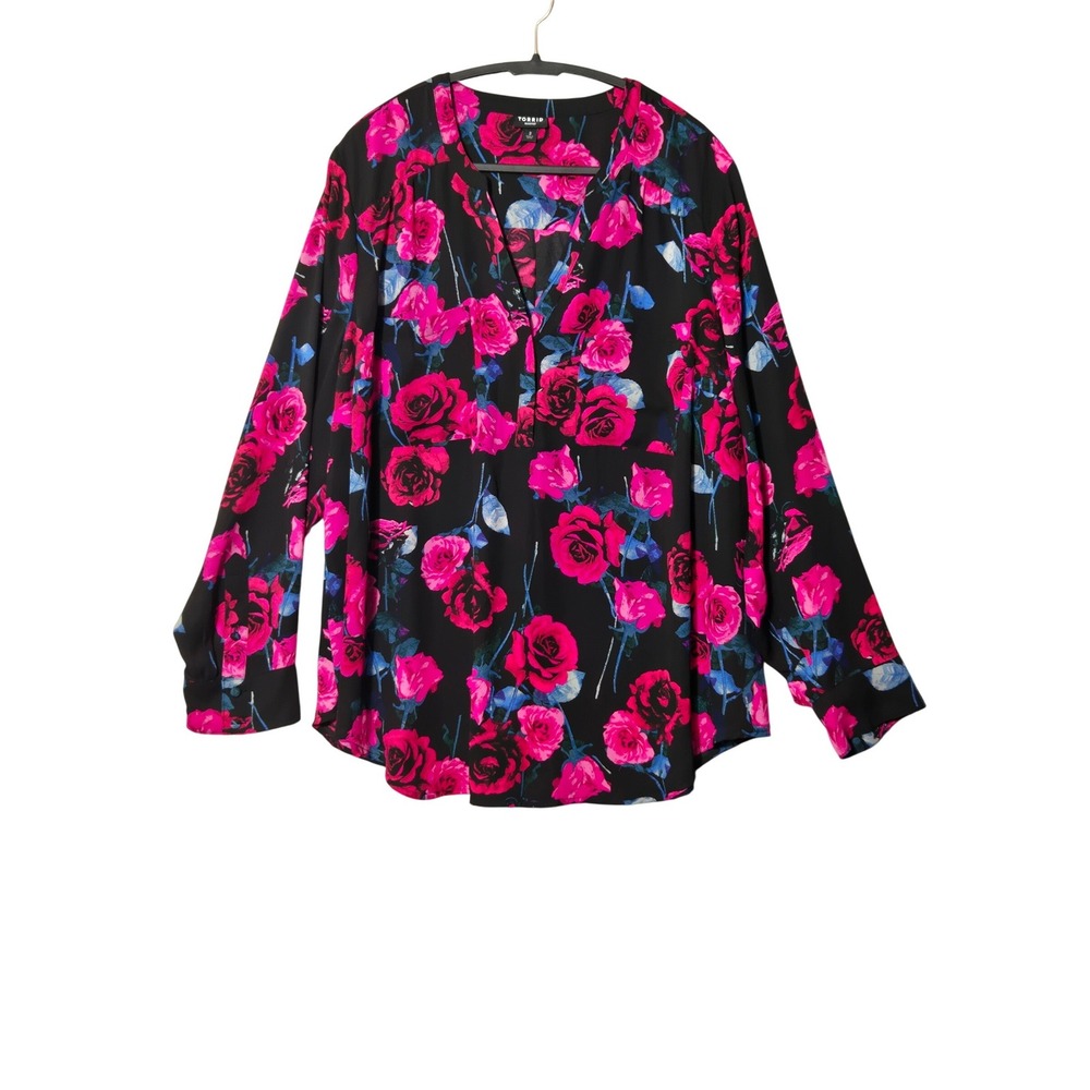 Torrid Harper Georgette Floral Long Sleeve Blouse Pink Black 3 Feminine Romantic